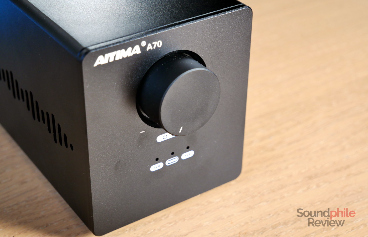 The volume knob on the AIYIMA A70 doubles as the power button.